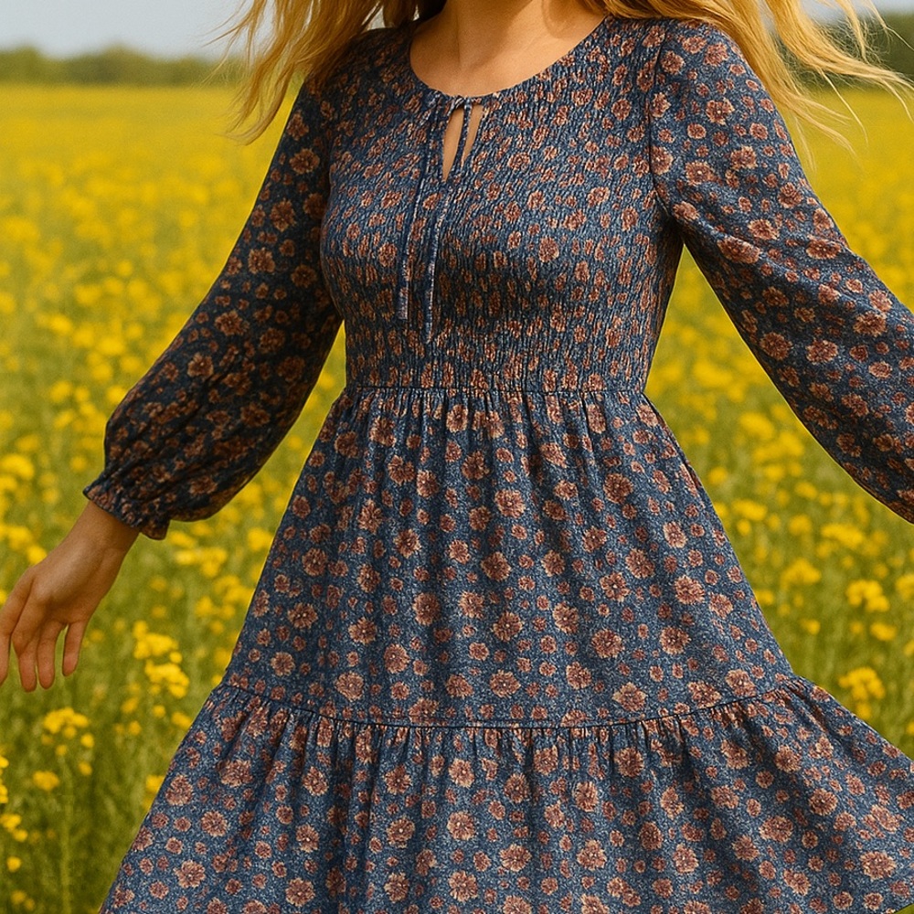 Blue Rain French Designer Long Sleeve Dress Shirred Bodice Ruffle - Size XS